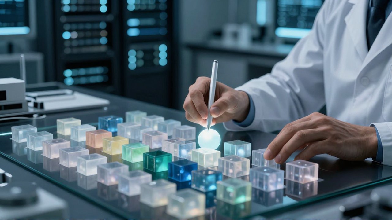 Científico organizando formas geométricas de cristal de colores sobre una superficie oscura en un entorno tecnológico.