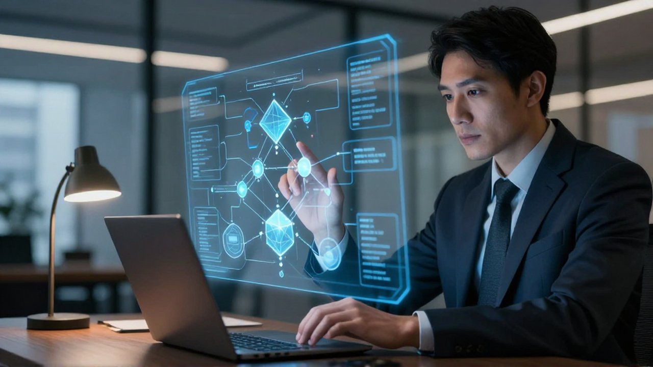 Científico de datos analiza un árbol de búsqueda algorítmico mediante un diagrama holográfico tridimensional.