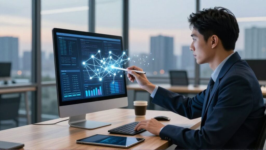 Científico de datos interactúa con nodos de información luminosos en una oficina moderna al atardecer.