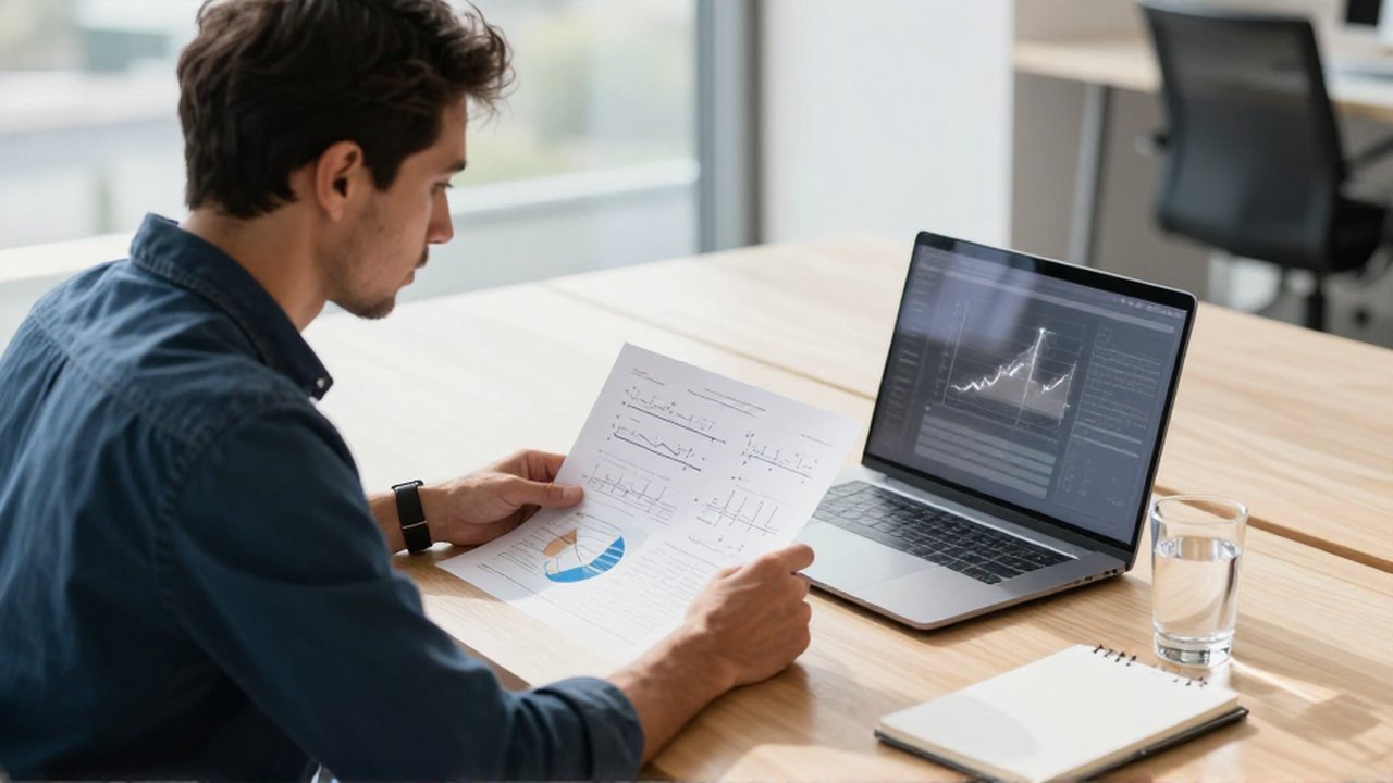 Analista concentrado estudiando gráficos impresos y diagramas matemáticos en un escritorio de oficina moderno.