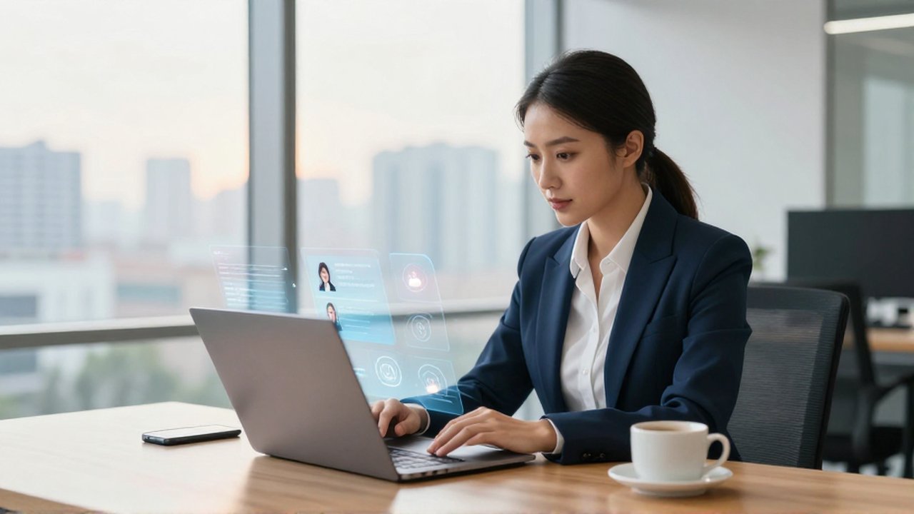 Una gerente de ventas analiza datos digitales en su portátil dentro de una oficina moderna y luminosa.
