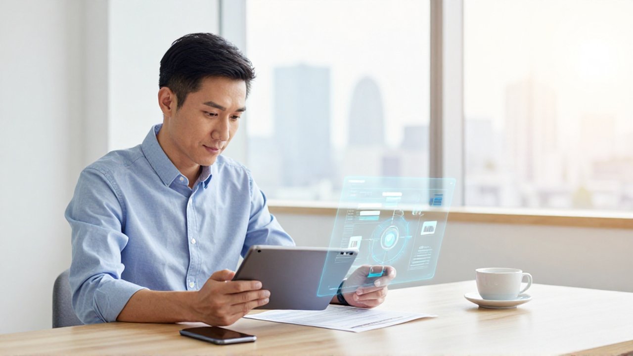 Gestor de ventas revisando informes y una tablet en una oficina luminosa con datos holográficos.