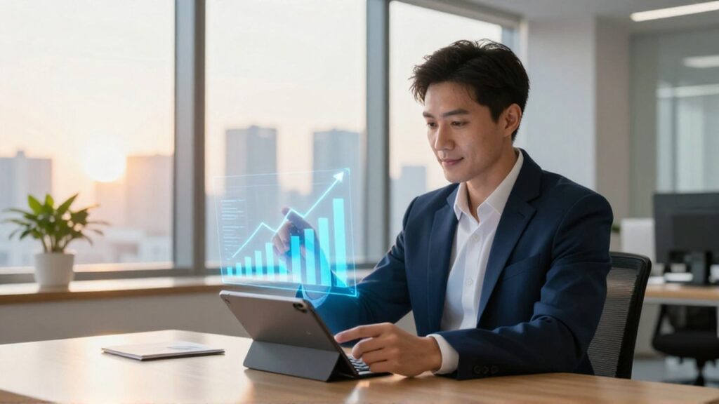 Un gerente analiza con satisfacción un gráfico de barras holográfico que muestra el crecimiento de las ventas.