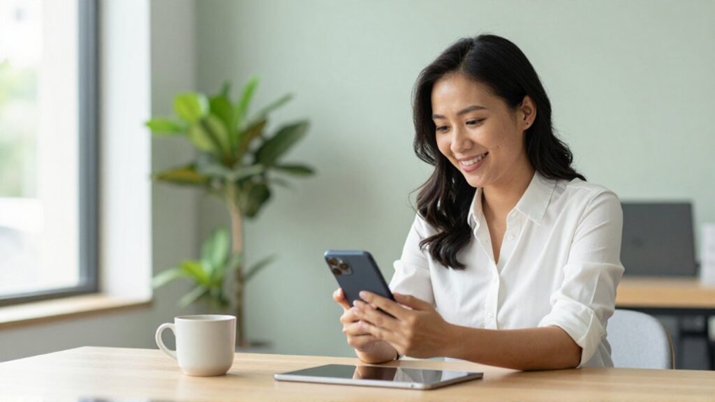 Gestora de éxito de cliente sonriendo mientras utiliza un smartphone en una oficina luminosa y moderna.