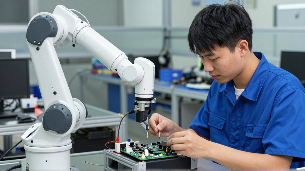 Un técnico ensambla componentes electrónicos junto a un brazo robótico colaborativo en un taller moderno.