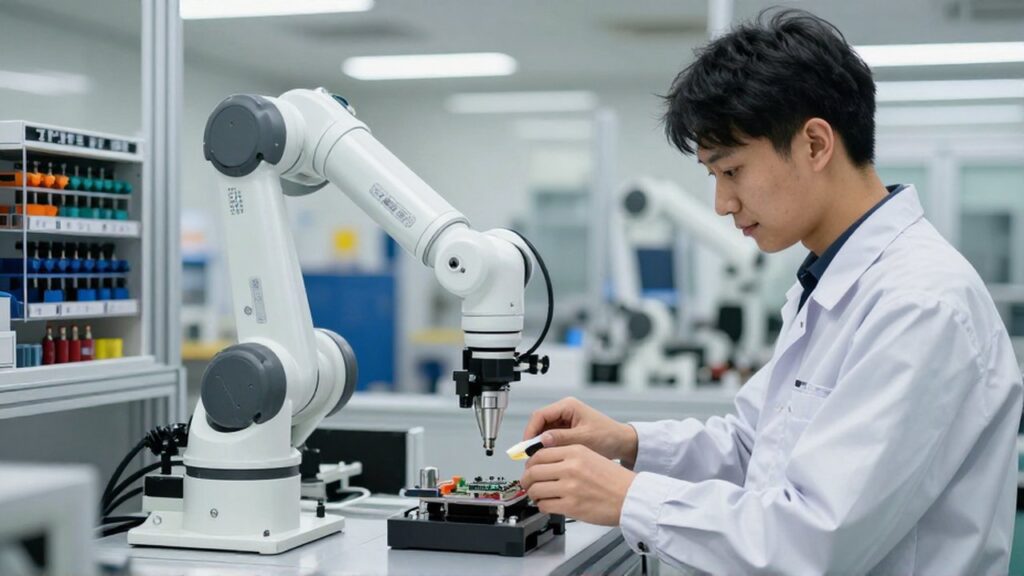 Técnico con uniforme guía un brazo robótico compacto mientras ensambla componentes electrónicos en un taller moderno.