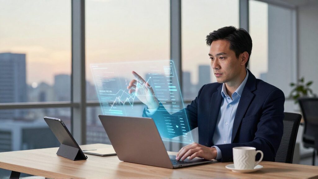 Científico de datos analizando una visualización holográfica de patrones en una oficina moderna durante el atardecer.