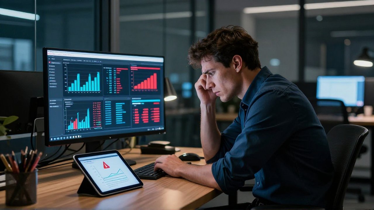 Analista de datos con expresión de frustración ante gráficos desorganizados y alertas de error en una oficina nocturna.
