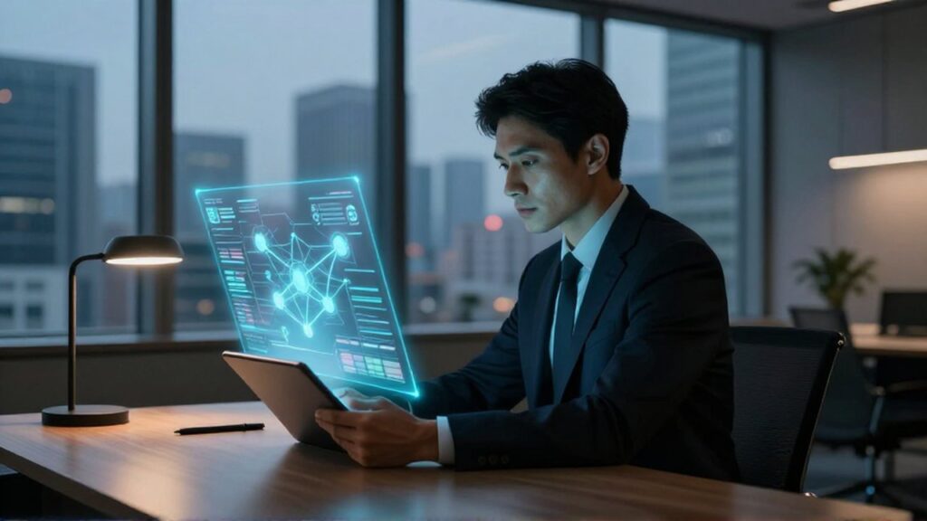 Estratega analizando una proyección holográfica de datos en una oficina moderna con vista a la ciudad.