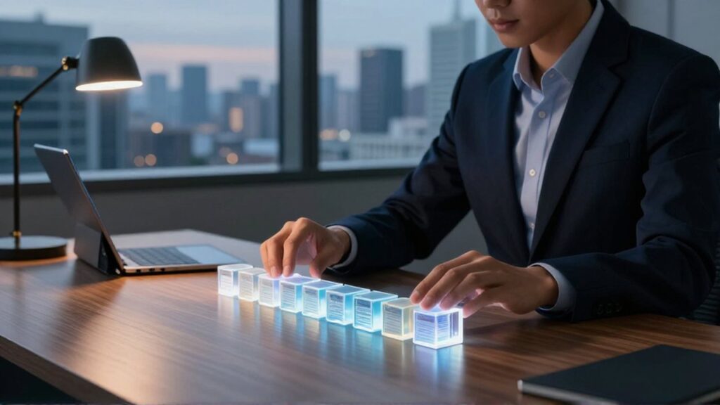 Analista organizando cubos de cristal brillantes que representan datos sobre un escritorio en una oficina moderna.