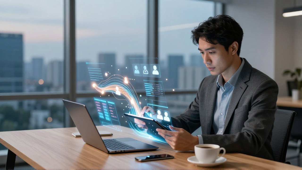 Estratega de marketing analiza datos holográficos de un embudo de ventas en una oficina moderna.