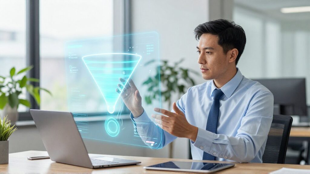 Gestor de ventas analiza un embudo de ventas holográfico con datos digitales en una oficina moderna.