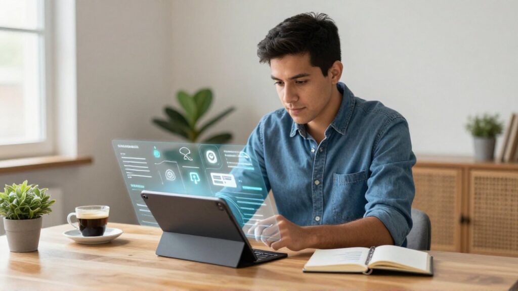 Persona joven frente a un escritorio de madera revisando una tableta y un cuaderno con una interfaz holográfica flotante.