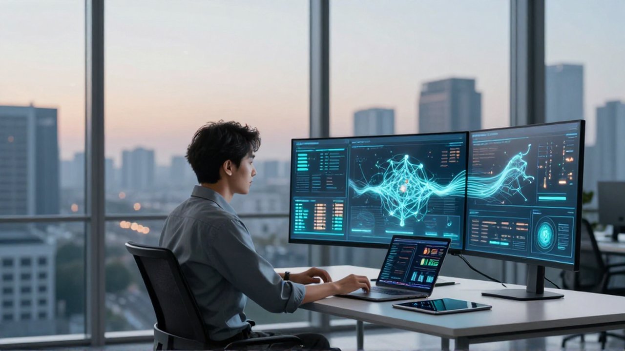 Científica de datos analizando flujos de visualizaciones digitales en pantallas transparentes dentro de una oficina moderna.