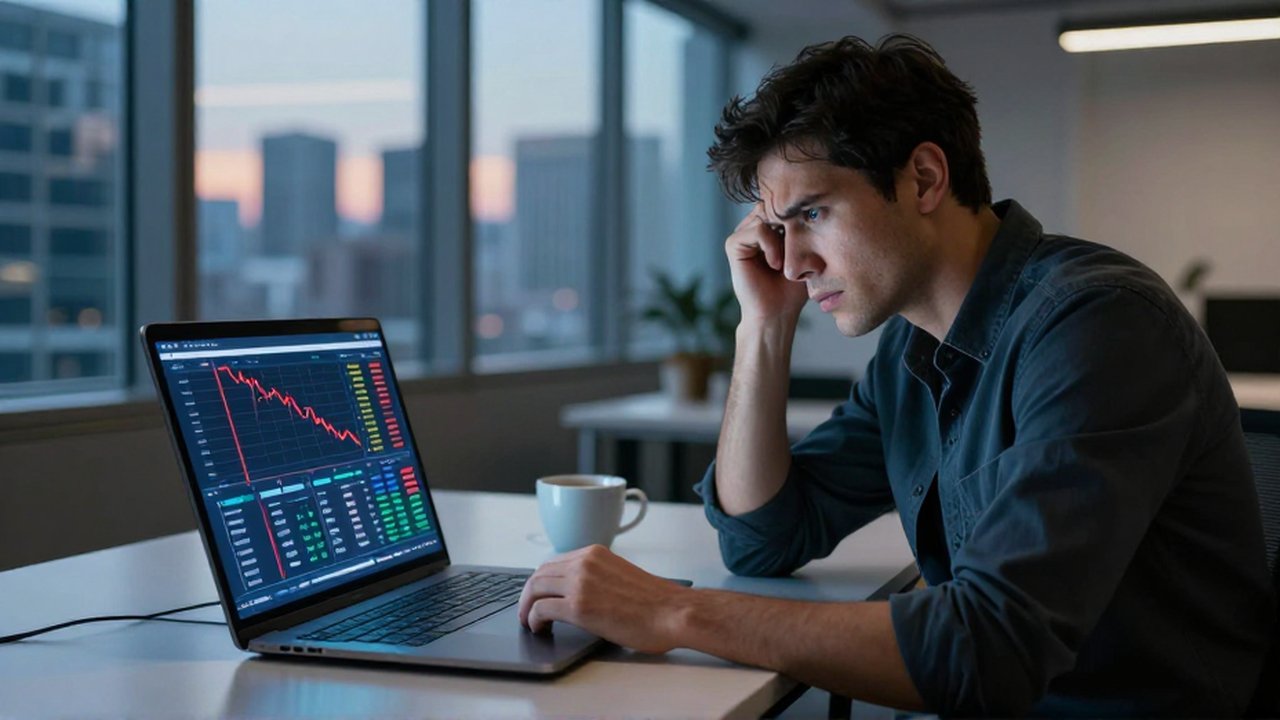 Analista frustrado frente a gráficos de datos con tendencias negativas en una oficina moderna.
