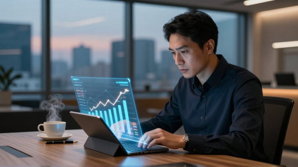 Analista de datos estudia con atención un gráfico holográfico tridimensional en una oficina moderna.