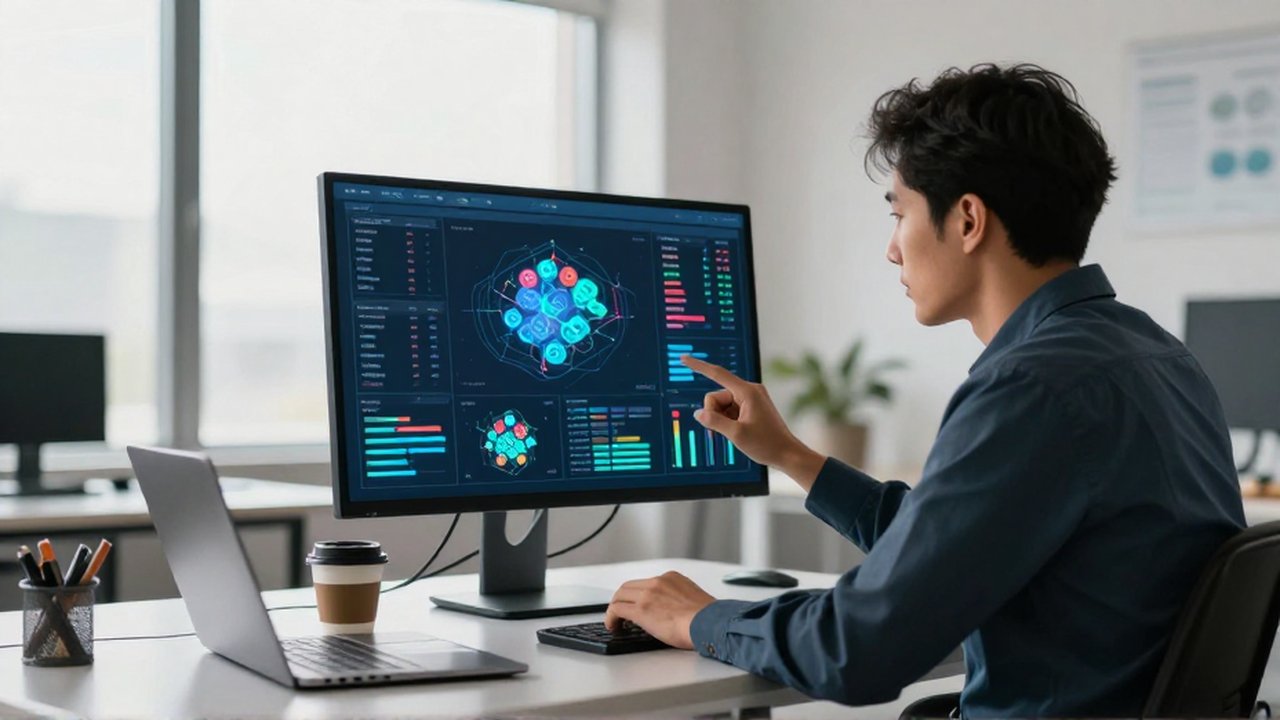 Analista trabajando frente a un monitor con gráficos de datos y clusters de clientes segmentados.