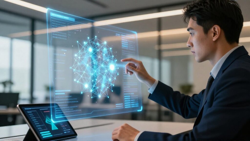 Analista de datos estudiando una proyección holográfica de grupos de consumidores en una oficina moderna.