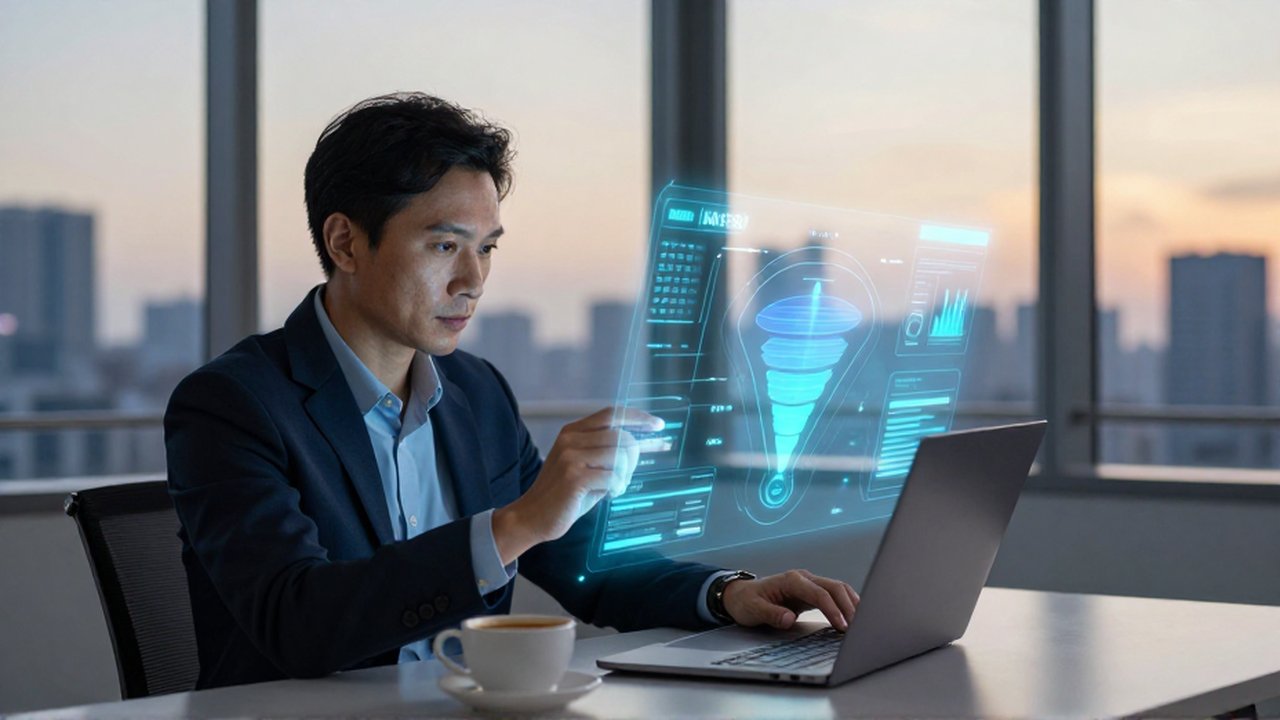 Estratega de marketing analiza un embudo de ventas digital proyectado sobre un escritorio de oficina moderna.