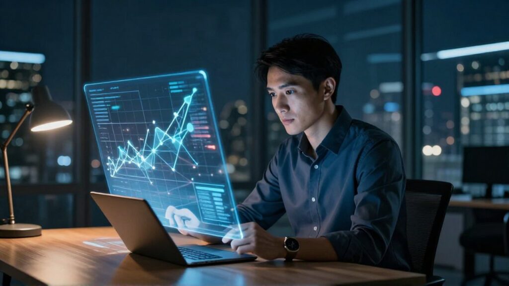 Analista de datos estudia una proyección holográfica de gráficos de crecimiento en una oficina moderna.