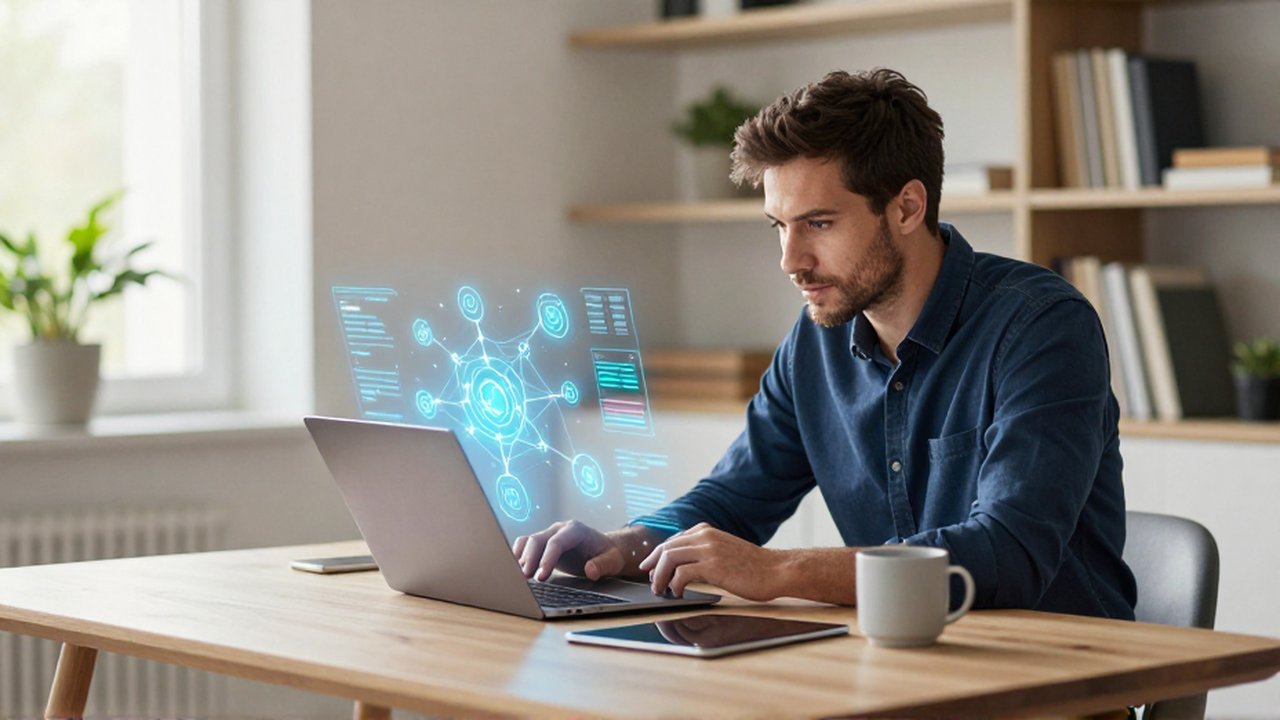 Estratega digital analiza datos flotantes sobre un portátil en una oficina luminosa y moderna.