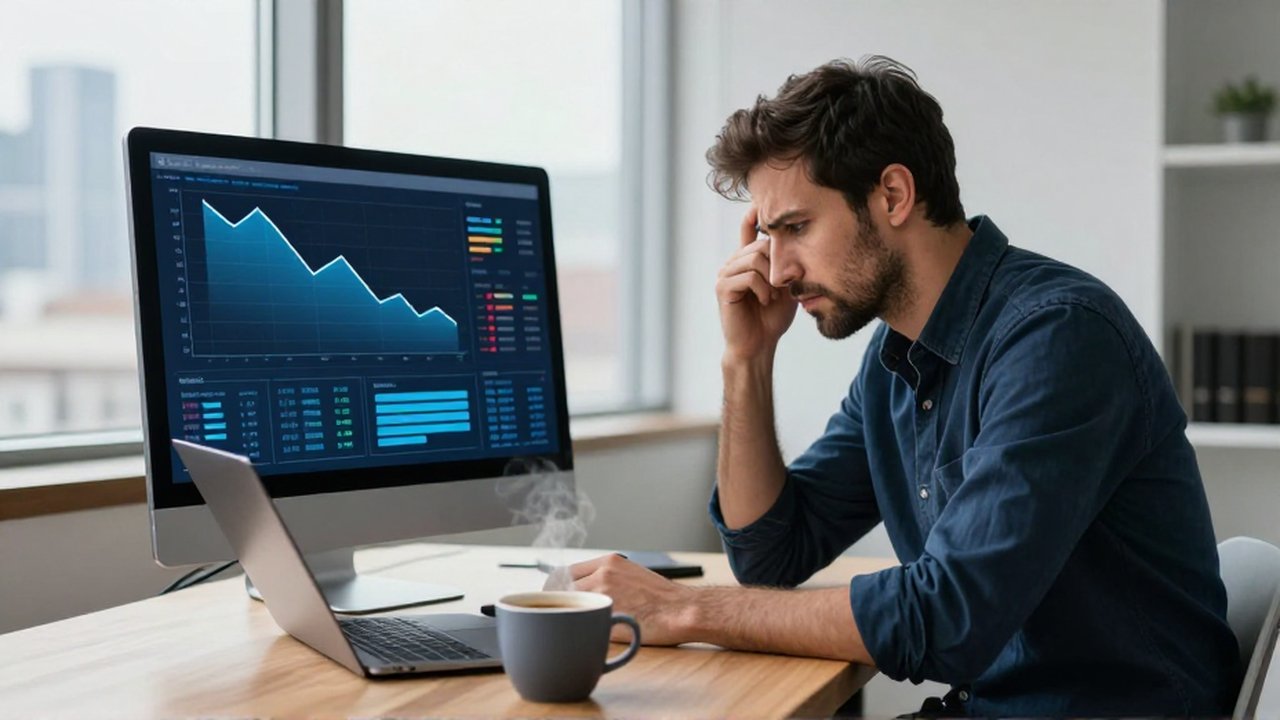 Estratega digital analiza con frustración gráficos de rendimiento decreciente frente a un monitor en su oficina.