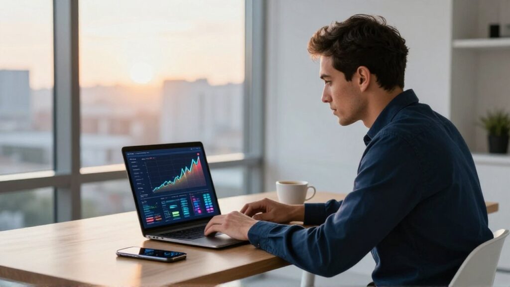 Analista de datos concentrado frente a un portátil con gráficos de crecimiento en una oficina luminosa.