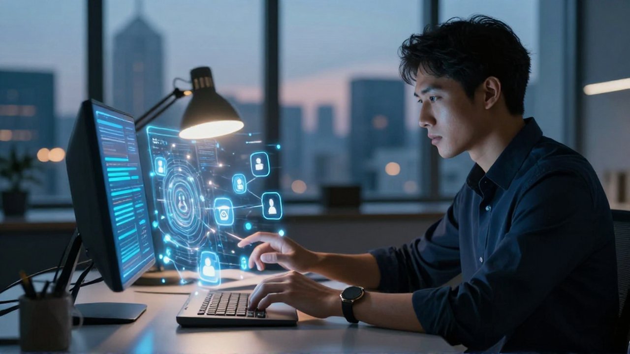 Analista trabajando en una oficina moderna frente a un holograma luminoso de flujos de datos digitales.