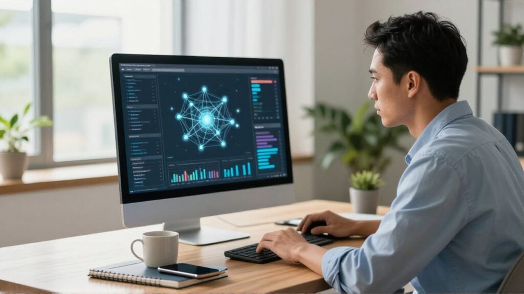 Científico de datos concentrado analizando gráficos y nodos conectados en un monitor dentro de una oficina moderna.