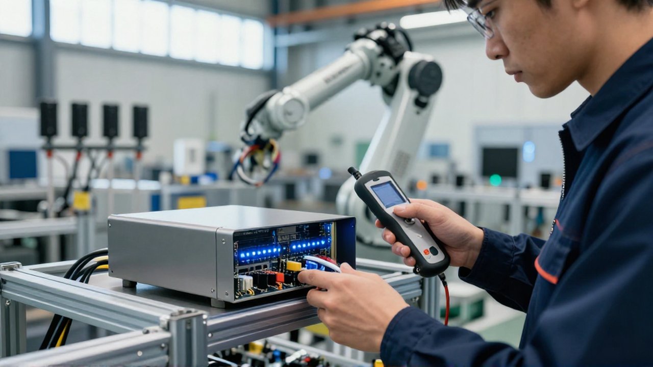 Un técnico calibra un dispositivo de computación perimetral en un almacén industrial automatizado.