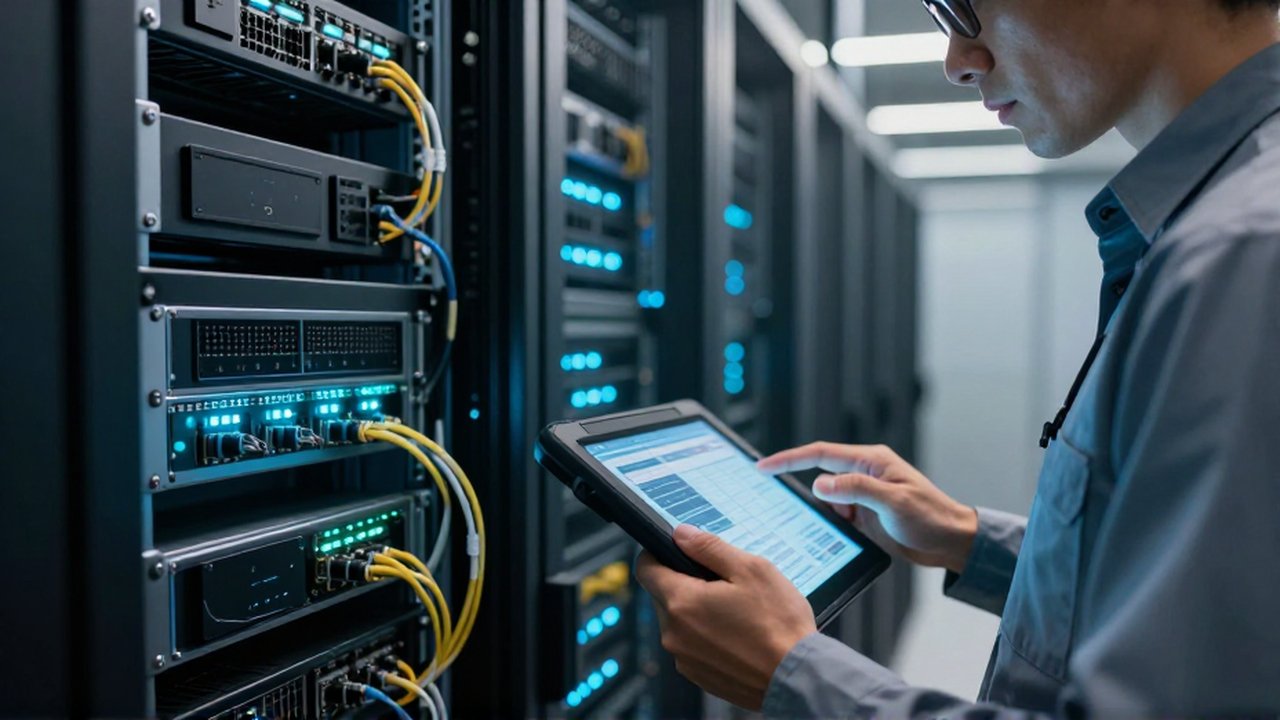 Un ingeniero de redes inspecciona un pequeño servidor de computación perimetral usando una tableta de diagnóstico.