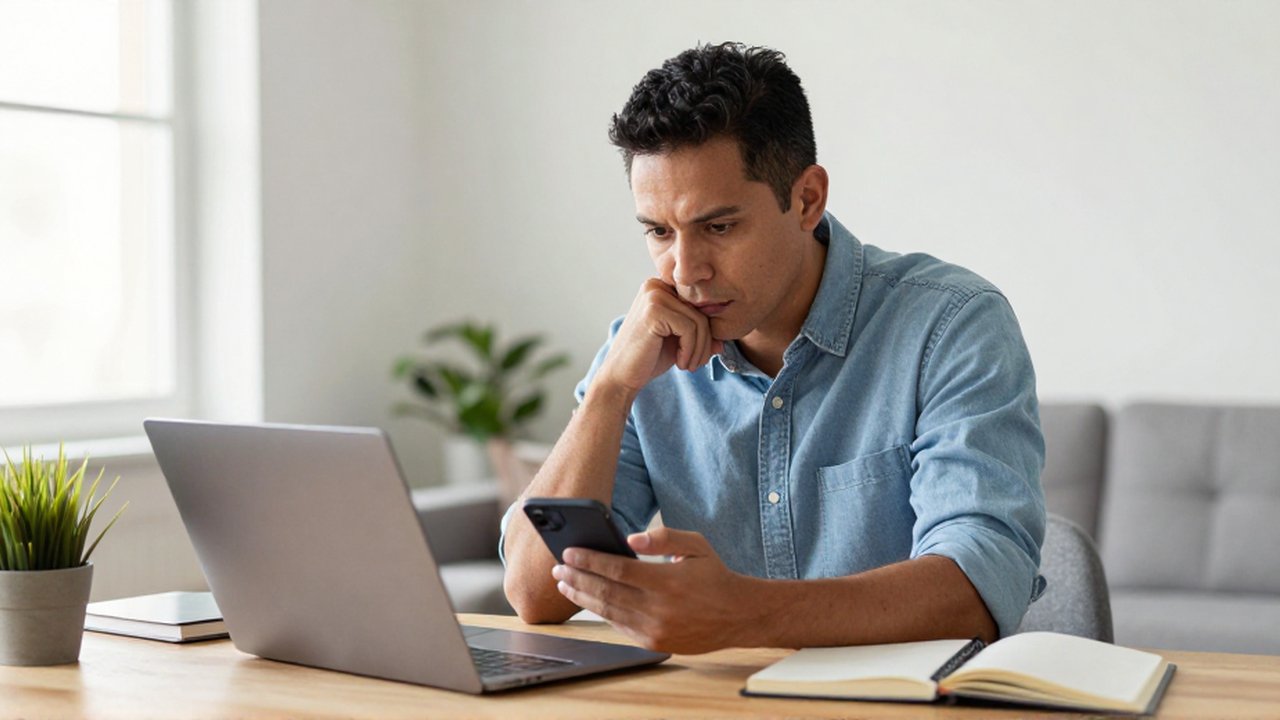Una persona sentada en un escritorio de madera revisa una laptop y sostiene un smartphone.