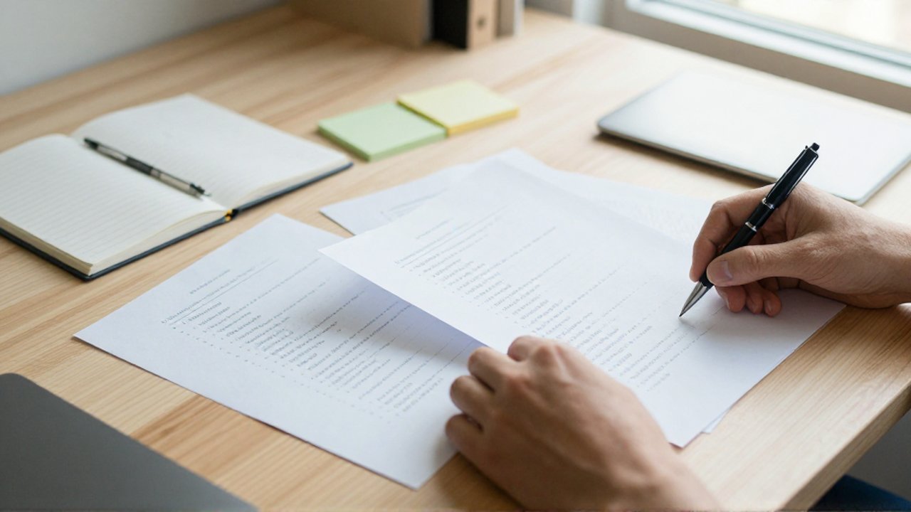Unas manos organizan notas, documentos y un cuaderno con listas sobre un escritorio de madera.