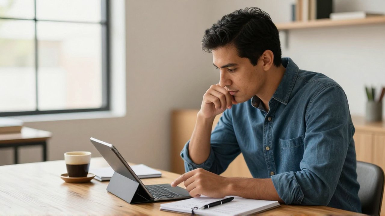 Un emprendedor latinoamericano revisa un mensaje en una tableta sobre un escritorio de madera con café y notas.