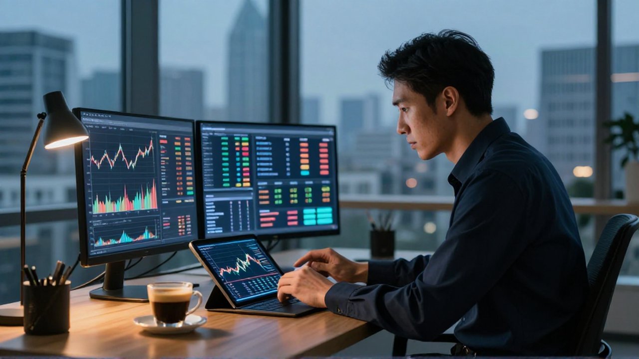 Analista de datos concentrado frente a gráficos financieros proyectados en una oficina moderna al atardecer.