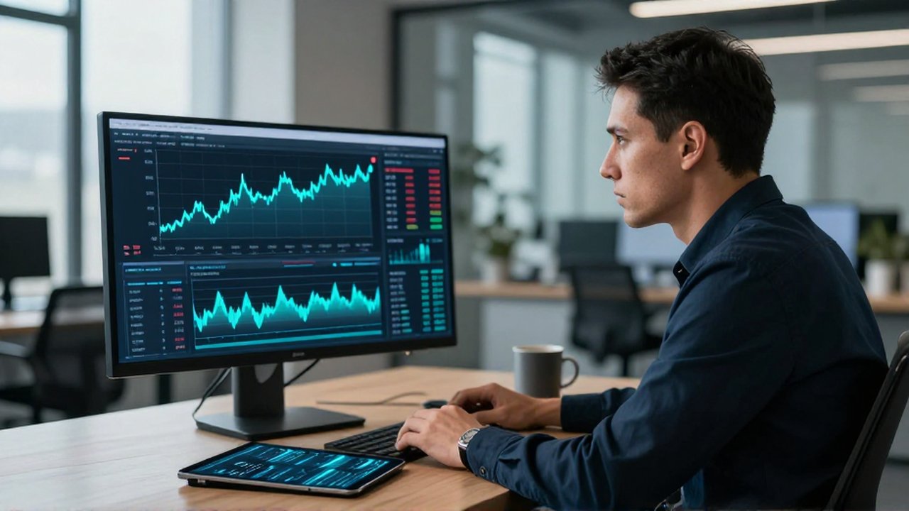 Analista concentrado frente a monitores con gráficos complejos de volatilidad de precios en una oficina moderna.