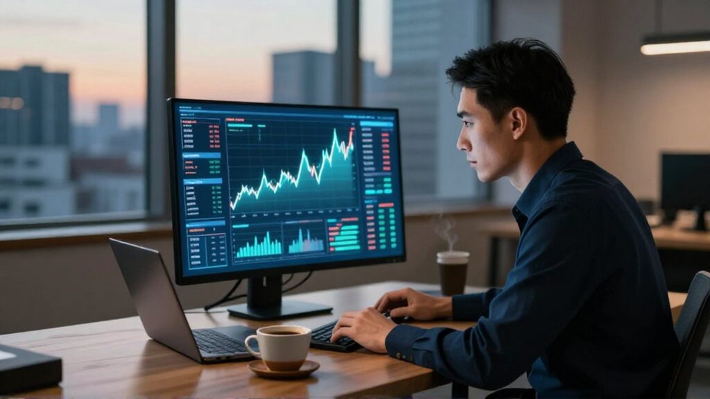 Analista de datos concentrado frente a gráficos holográficos de mercado en una oficina moderna al atardecer.