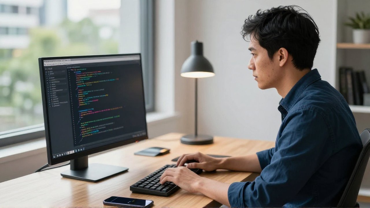 Programador concentrado escribiendo código en un monitor frente a una ventana en una oficina moderna.