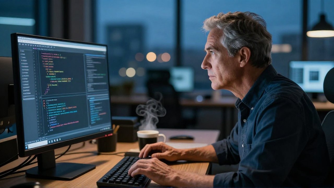 Ingeniero de software concentrado revisando código en un monitor dentro de una oficina moderna al atardecer.