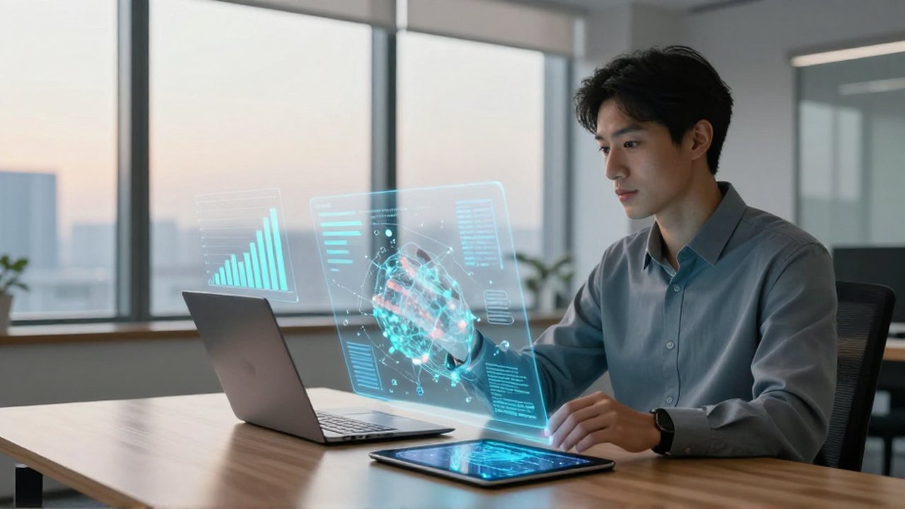 Analista comparando gráficos estadísticos tradicionales con proyecciones holográficas de datos dinámicos en una oficina moderna.