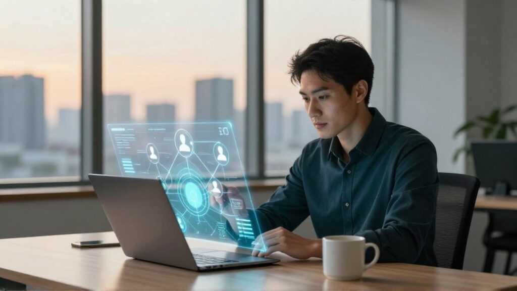 Analista examinando una visualización holográfica de datos de consumo en una oficina moderna durante el atardecer.