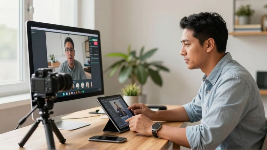 Un emprendedor latinoamericano revisa contenido de video en un monitor dentro de una oficina moderna.