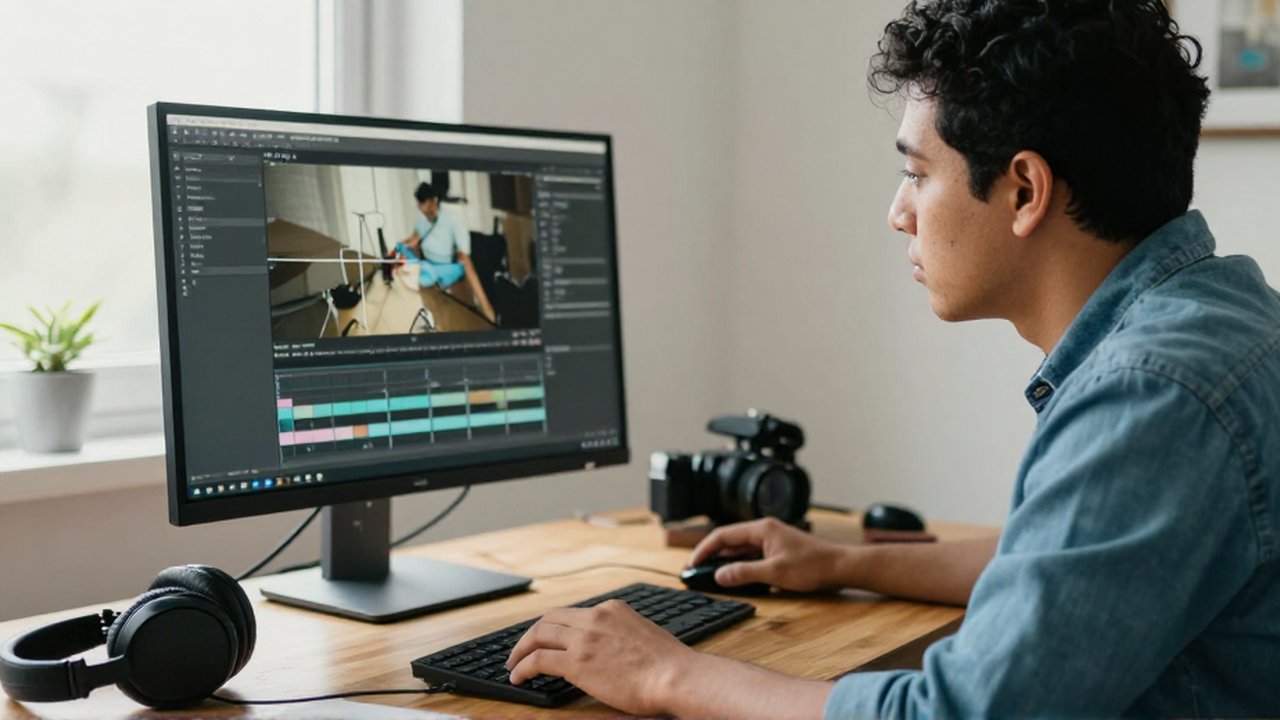 Una persona latinoamericana revisa metraje en un monitor junto a una cámara y auriculares en su escritorio.