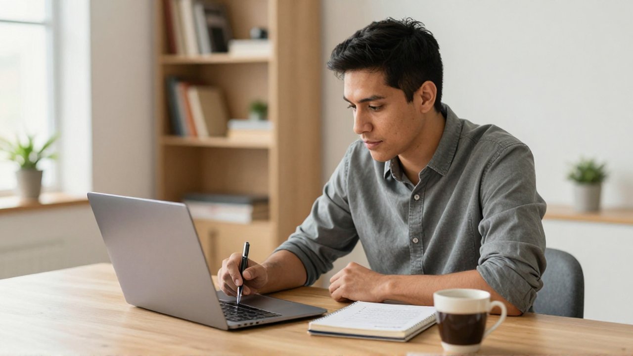 Persona de ascendencia latinoamericana sentada ante un escritorio de madera con un portátil, un cuaderno y café.
