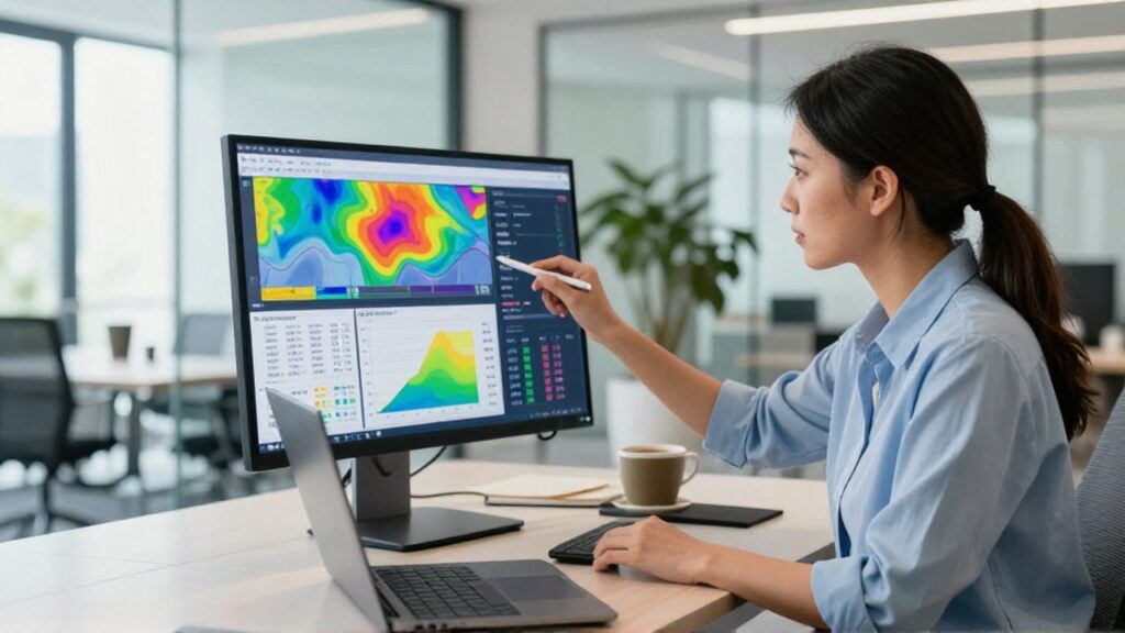 Analista de datos estudia gráficos de calor y distribuciones en un monitor de oficina moderna.