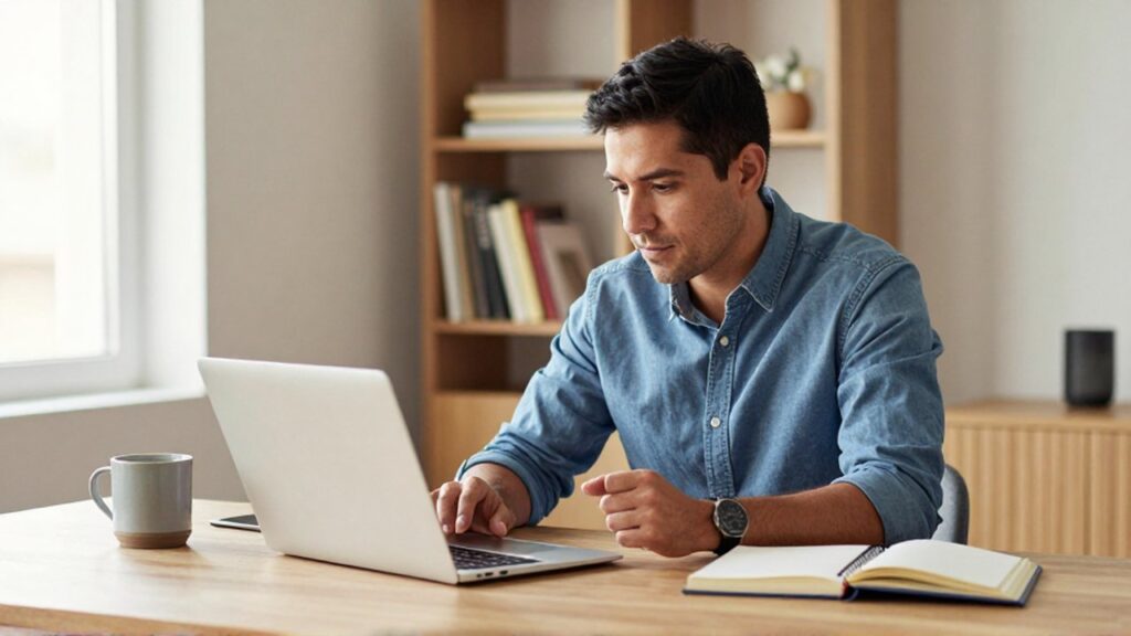 Un emprendedor latinoamericano se concentra frente a un ordenador portátil en un escritorio de madera.