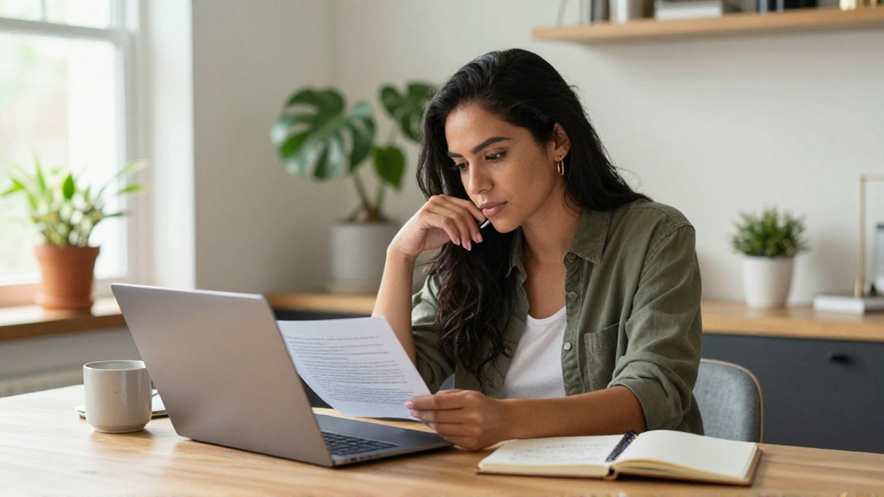 Una mujer sentada en un escritorio de madera revisa un texto en su computadora portátil.