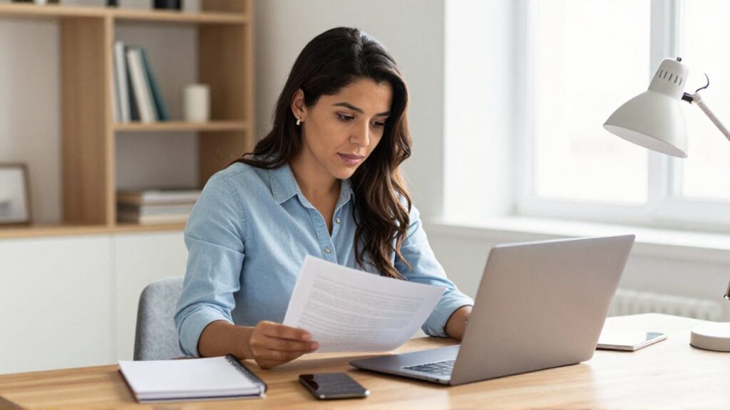 Mujer sentada en un escritorio moderno revisando documentos de una computadora portátil con un cuaderno y un teléfono.