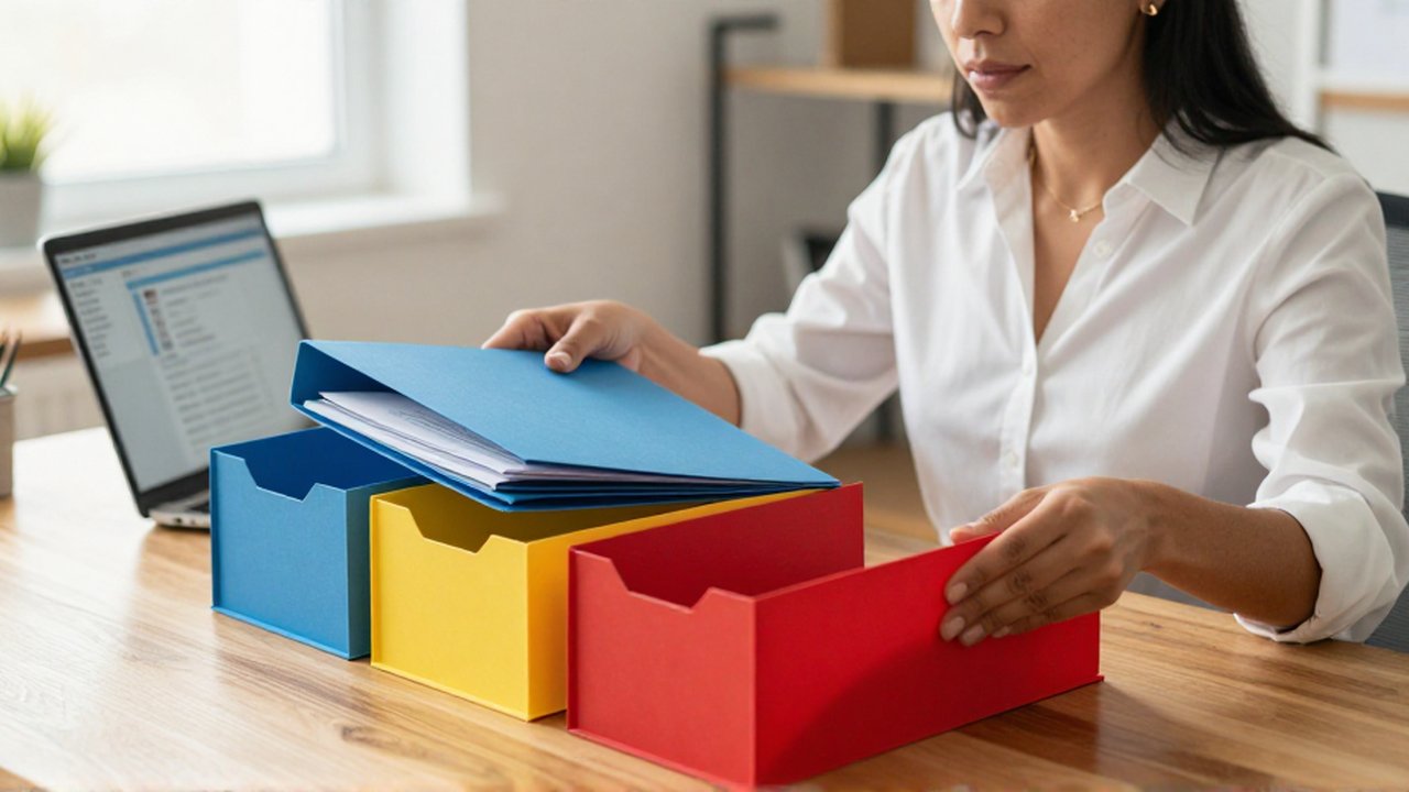 Una mujer organiza carpetas de colores azul, amarillo y rojo en un escritorio de madera.