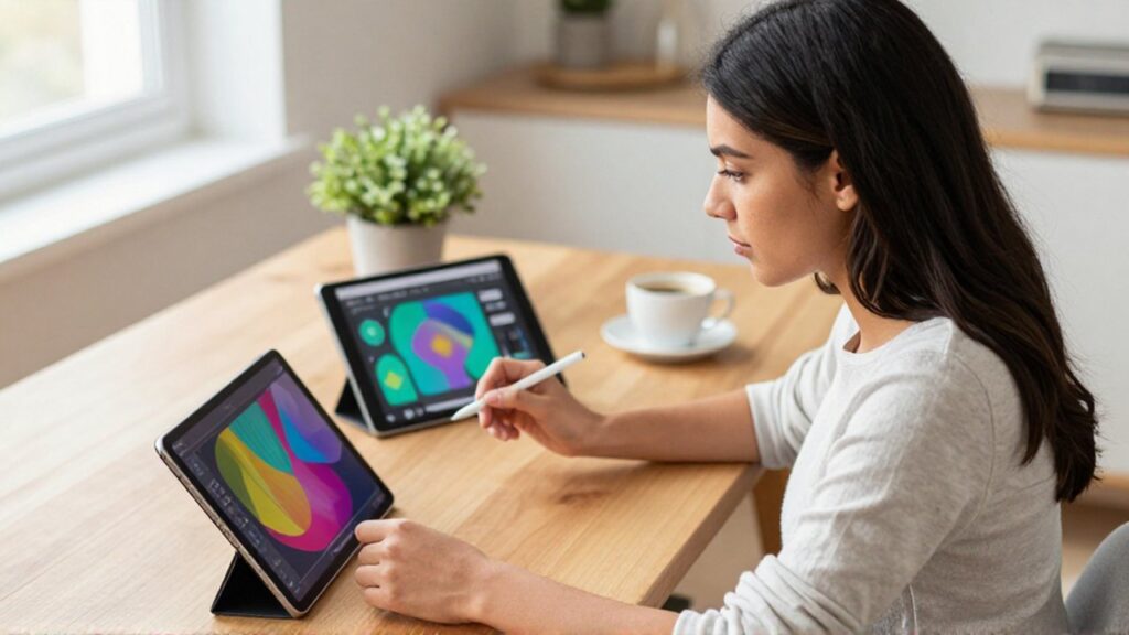 Mujer joven comparando dos tabletas con diseños digitales en un escritorio de madera.